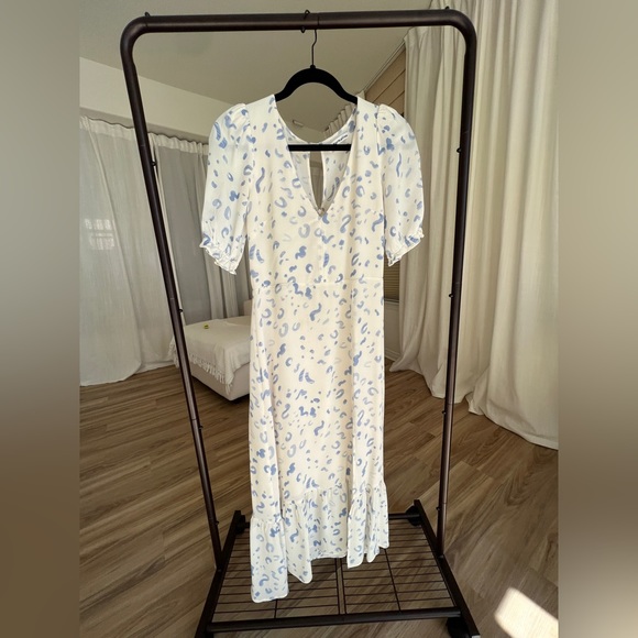 Reformation Nantes Midi Dress Pouf Sleeve Ruffle Hem in Marc - Picture 3 of 6